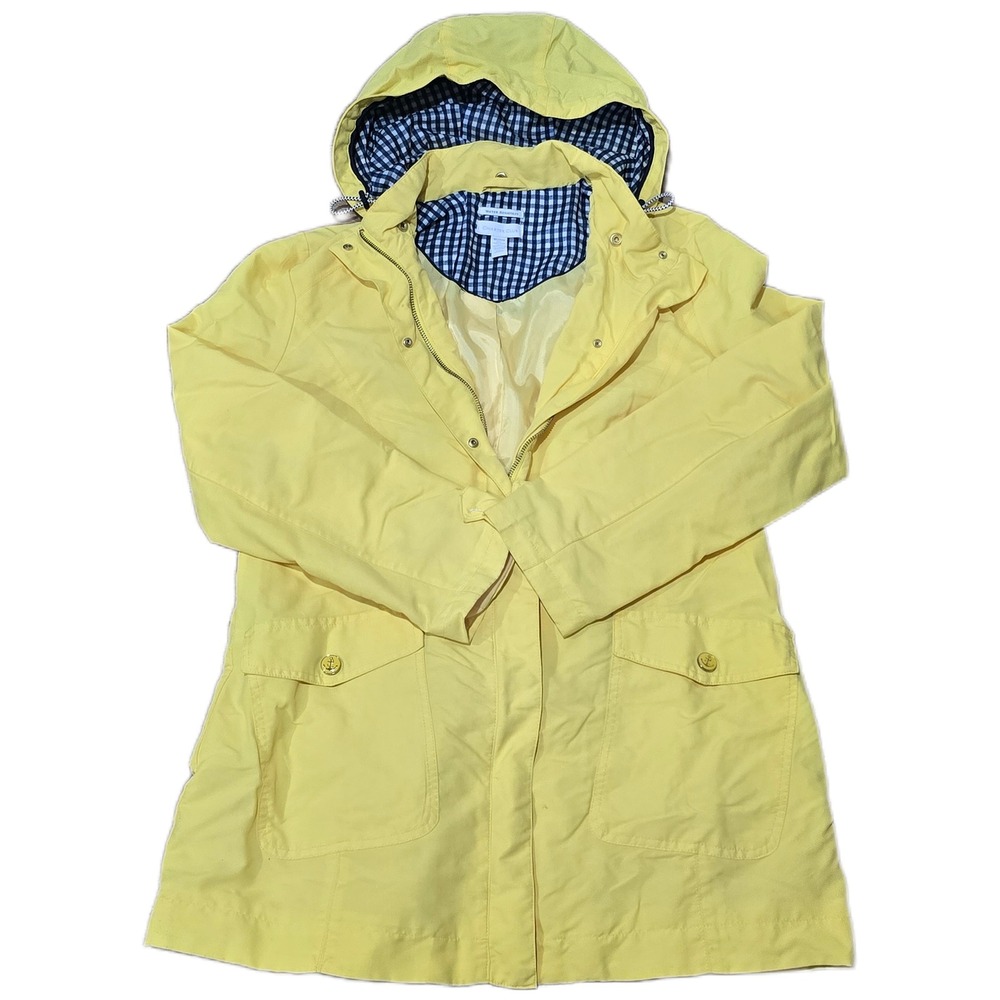 Water Resistant Yellow Raincoat Gingham Lined Hood Nautical Anchor 1 Button Gone